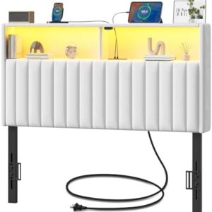 Rolanstar Headboard for Twin Size Bed with Storage, Head Board with USB & Type C Port, 60,000 DIY Color of LED Light, Velvet Upholstered, Height Adjustable, Sturdy, Easy Assembly, White