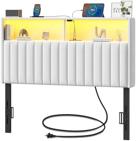 Rolanstar Headboard for Twin Size Bed with Storage, Head Board with USB & Type C Port, 60,000 DIY Color of LED Light, Velvet Upholstered, Height Adjustable, Sturdy, Easy Assembly, White