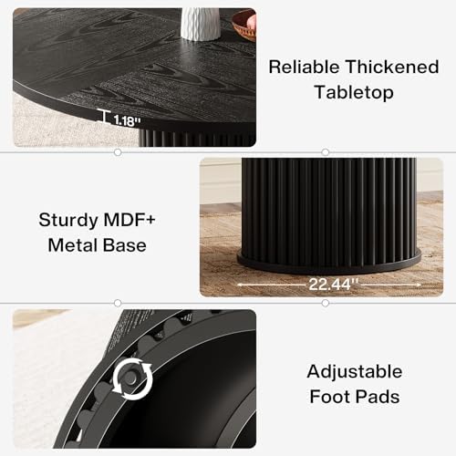 Tribesigns 47.24-Inch Black Round Dining Table for 4-6 People, Modern Fluted MDF + Metal Base Kitchen Table, Sturdy Circle Dining Room Furniture, Black