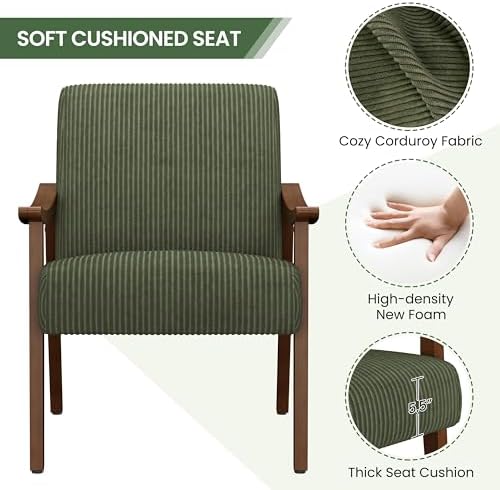 Yaheetech Corduroy Accent Chair, Mid-Century Modern Armchair with Solid Wood Legs, Reading Leisure Chair with High Back for Living Room Bedroom Waiting Room Dark Green