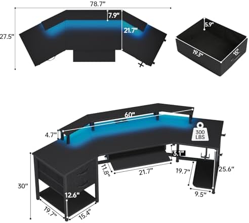 SEDETA 79" Gaming Desk, Computer Desk with 2 Fabric Drawers & LED Light, L Shaped Gaming Desk with Storage Shelf for Home Office, Carbon Fiber Black