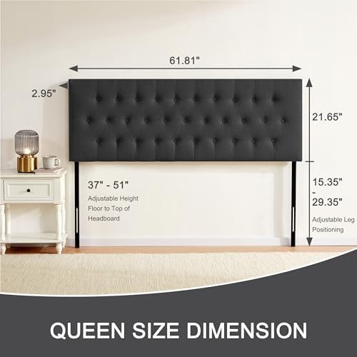 Tufted Upholstered Headboard Queen Size, Solid Wood Head Board with Durable Metal Legs, Adjustable Height Bed headboard from 37” to 51” Fabric Headboard in Modern Button Design (Black)
