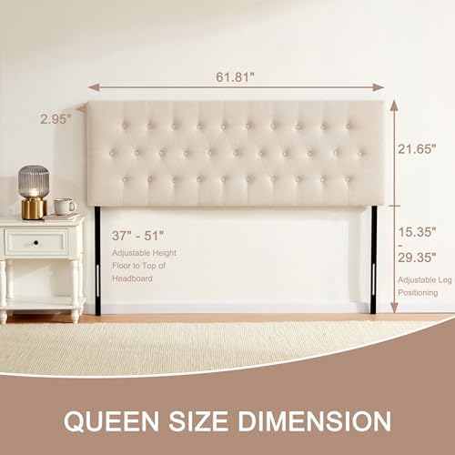 Tufted Upholstered Headboard Queen Size, Solid Wood Head Board with Durable Metal Legs, Adjustable Height Bed headboard from 37” to 51” Fabric Headboard in Modern Button Design, Beige