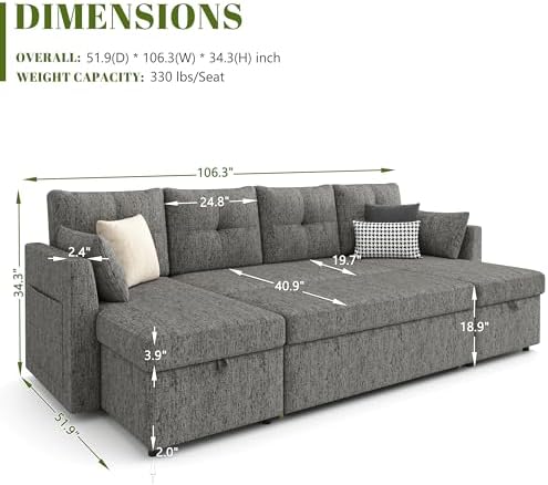 Oversized Sleeper Couch Sofa, 110 inch 2 in 1 Pull Out Couch with Double Storage Chaise, Sectional Sleeper Sofa Bed with Side Pocket for Living Room, Dark Grey