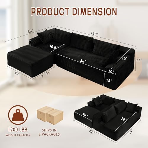 110" L-Shaped Modular Sectional Sofa with Chaise, Boneless Comfy Corduroy Fluffy Couch with Deep Seat and Side Pockets, Flexible Module Combination for Living Room, No Assembly, Side Pockets