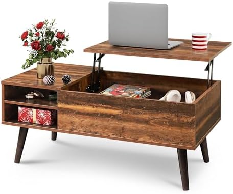 WLIVE Lift Top Coffee Table for Living Room,Small Coffee Table with Storage, Adjustable Shelf and Storage Compartment, Mid Century Modern Living Room Table, Wood, Rustic Brown