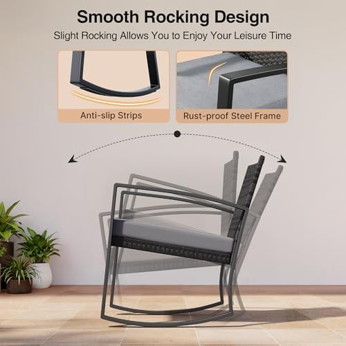3 Pieces Outdoor Patio Furniture Set Rocking Bistro Set Outdoor Rattan Conversation with Coffee Table for Garden Balcony Backyard Poolside (Grey Cushion)