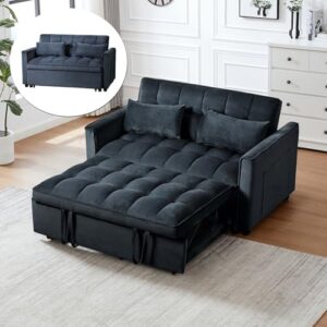 3 in 1 Convertible Sleeper Sofa Bed, Futon Couches for Living Room with Side Pocket | Adjustable Backrest| Velvet Fabric | Pull Out Couch | Love seat Sofa|2-seat Sofa Bed (Black)