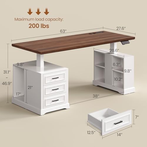 SEDETA Farmhouse Electric Standing Desk, 63" Height Adjustable Computer Desk with 3 Drawers, Storage Shelves, Power Outlets, Wood Home Office Stand up Desk for Work, Study, Writing, White