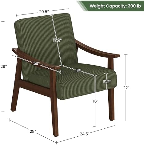 Yaheetech Corduroy Accent Chair, Mid-Century Modern Armchair with Solid Wood Legs, Reading Leisure Chair with High Back for Living Room Bedroom Waiting Room Dark Green