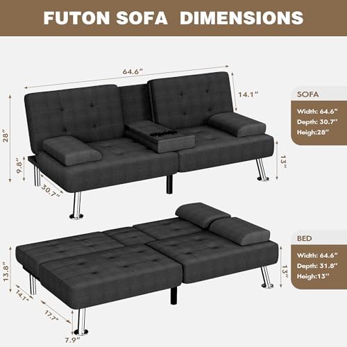 Homall Futon Sofa Bed, Futon Couch with Removable Armrests, Adjustable Recliner Sleeper Sofa Bed with Dual Cup Holders for Living Room, Apartment, Office (Fabric, Black)