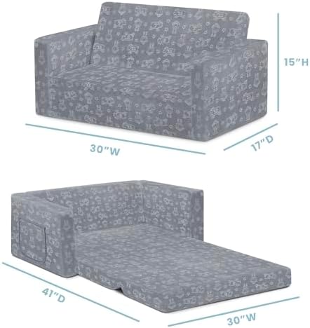 Serta Perfect Sleeper Extra Wide Convertible Sofa to Lounger - Comfy 2-in-1 Flip Open Couch/Sleeper for Kids, Grey