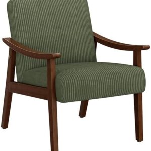 Yaheetech Corduroy Accent Chair, Mid-Century Modern Armchair with Solid Wood Legs, Reading Leisure Chair with High Back for Living Room Bedroom Waiting Room Dark Green