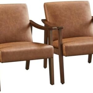 Yaheetech PU Leather Accent Chair, Mid-Century Modern Armchair with Solid Wood Legs, Reading Leisure Chair with High Back for Living Room Bedroom Waiting Room, Set of 2, Brown