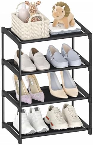 4 Tier Small Shoe Rack, Narrow Stackable Kids Toddler Adult Shoe Storage Organizer Shelf for Closet Floor Entryway Bedroom, Space Saver Shoe Rack Organization Shelves