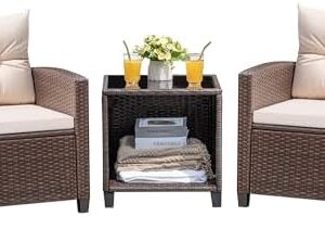Devoko 3 Pieces Patio Furniture Set, PE Rattan Wicker Patio Set with Two Outdoor Chairs and Table, Upgraded Patio Chairs and Table for Porch, Garden Poolside Balcony