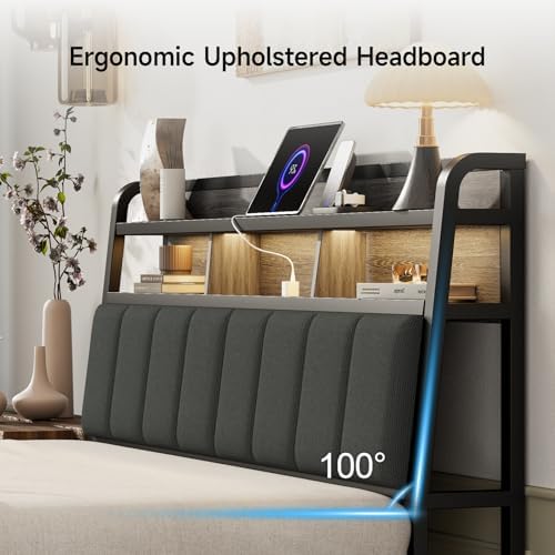 Queen Headboard Only with Storage, Upholstered Headboards for Queen Size Bed with LED Light, Charging Station, Height Adjustable, Sturdy and Stable Headboard, Black & Grey