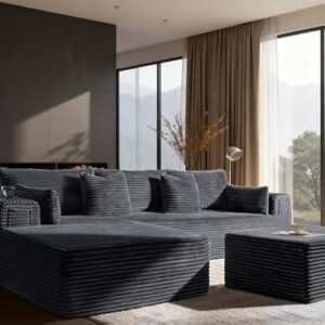 108" Cloud Sectional Couch, Comfort U Shaped Boneless Couch for Living Room, Extra Deep Seats No Assembly, Minimalist Modular Sofa, Corduroy (Dark Grey, 2 Seater+Left Facing Chaise+Ottoman)