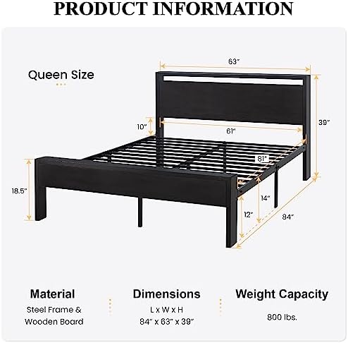 SHA CERLIN 14 Inch Queen Size Metal Platform Bed Frame with Wooden Headboard and Footboard, Mattress Foundation, No Box Spring Needed, Large Under Bed Storage, Non-Slip Without Noise, Black Oak