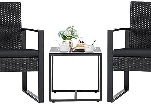 Flamaker 3 Pieces Outdoor Patio Wicker Furniture Set, Modern Rattan Chair Conversation Sets with Coffee Table for Yard and Bistro (Black)