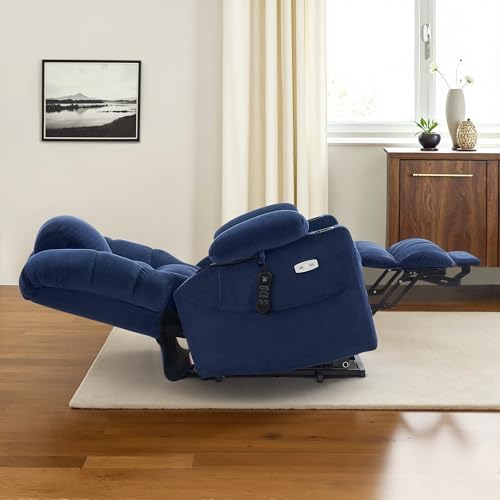 MCombo Large Triple Motor Power Lift Recliner Chair with Massage and Dual Heating, Adjustable Headrest for Tall Elderly People, Fabric 7634 (Navy Blue, Large)