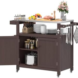 Weatherproof HIPS Outdoor Kitchen Island with Stainless Steel Top & Storage Cabinet, Movable Prep Table with Wheels for BBQ Food Prep, Outdoor Grill Cart for Parties, Brown