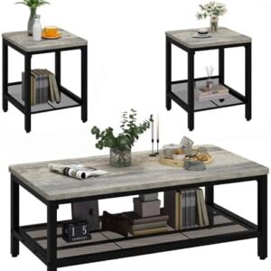 AWQM Coffee Table Set of 3, Industrial Coffee Table with 2 Square End Side Tables, Modern Living Room Table Set with Metal Frame for Apartment Home Office, Grey