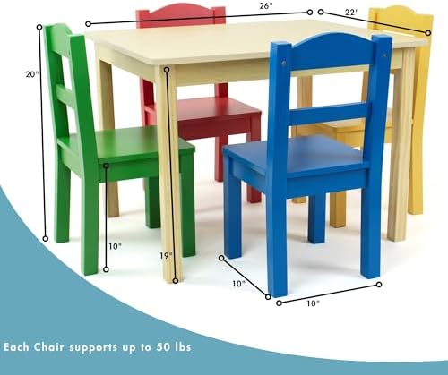 Humble Crew Kids Wooden Table and 4 Chairs Set, Natural/Primary - Kids Table and Chair Set for Toddlers and Children for Arts, Crafts, and Snack Time - Sturdy, Durable Toddler Activity Table