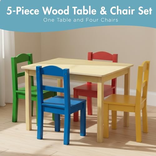 Humble Crew Kids Wooden Table and 4 Chairs Set, Natural/Primary - Kids Table and Chair Set for Toddlers and Children for Arts, Crafts, and Snack Time - Sturdy, Durable Toddler Activity Table