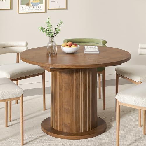 43.3 inch 59 inch Adjustable Size Round Dining Table for 4 6, Unique Design Modern Farmhouse Kitchen Table, Circle Dining Tables with Wood Strip Base for Kitchen Living Room (Walnut)
