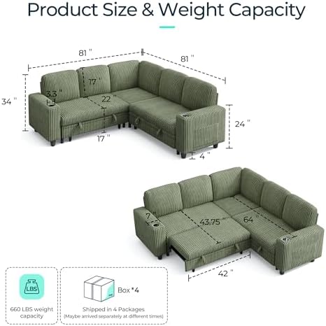 LINSY HOME Sectional Sleeper Sofa with Storage Chaise & USB Charging, Convertible Pull Out Couch Bed Plush Corduroy Modular Sectional Couches for Living Room Apartment (Green)