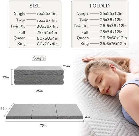 MLILY Tri-Fold Memory Foam Mattress Topper, 4 inch Single Folding Mattress with Collapsible and Washable Cover, Travel and Guest Mat, 75"×25"×4", Grey