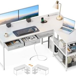 AODK 53 Inch L Shaped Computer Desk with Drawers, Corner Desk with Power Outlets & Reversible Storage Shelves, for Home Office Gaming, White