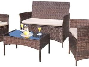 Homall 4 Pieces Outdoor Patio Furniture Sets Rattan Chair Wicker Set,Outdoor Indoor Use Backyard Porch Garden Poolside Balcony Furniture (Brown and Beige)