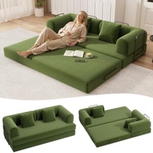 Ahomly 78.8'' Convertible Sofa Bed,5-in-1 Boneless Couch with Removable Armrests,Folding Futon Sofa Bed Includes 2 Pillows,Comfy Pull Out Couch for Living Room,No Assembly Required,Green