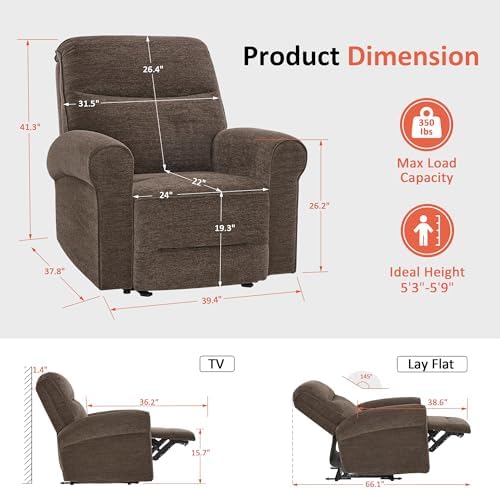 MCombo Power Wall Hugger Recliner Chair for Small Space RV Living Room, USB & USB-C Charging Ports, Modern Rolled Arm Recliner PR630 (Dark Brown, Medium)
