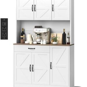71" Pantry Cabinet with Charging Station, Large Capacity Kitchen Hutch Storage Cabinet, Kitchen Cabinet with Microwave Stand, Storage Drawers & Adjustable Shelves for Dining Room, White