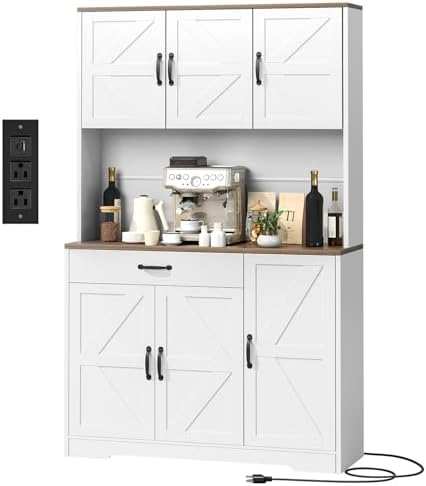 71" Pantry Cabinet with Charging Station, Large Capacity Kitchen Hutch Storage Cabinet, Kitchen Cabinet with Microwave Stand, Storage Drawers & Adjustable Shelves for Dining Room, White