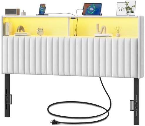 Rolanstar Headboard for Queen Size Bed with Storage, Head Board with USB & Type C Port, 60,000 DIY Color of LED Light, Velvet Upholstered, Height Adjustable, Sturdy, Easy Assembly, White
