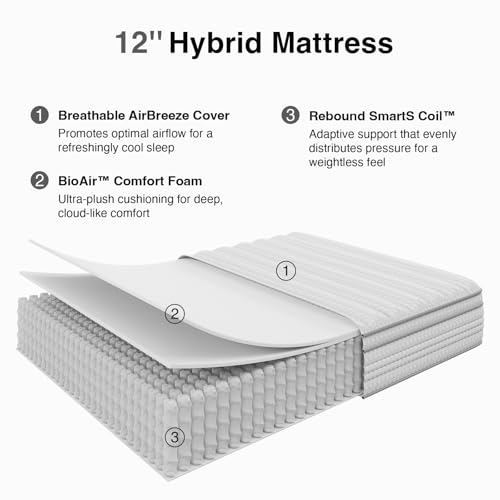 Novilla 12 Inch Queen Size Mattress in a Box, Hypoallergenic & Back Pain Relief, Hybrid Queen Mattresses with Smarts Coils, Fiberglass Free CertiPUR-US Certified Colchones No Box Spring Needed