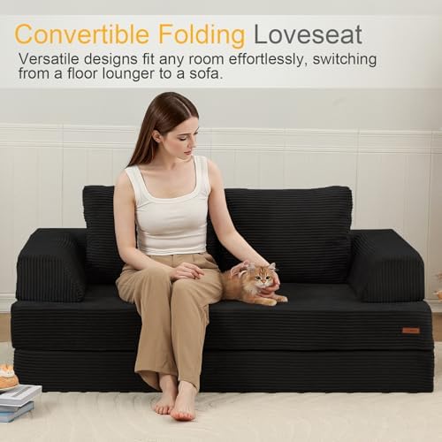 COMAX Futon Sofa Bed, Convertible Folding Sofa Bed, Boneless Couch Loveseat Corduroy with Pillows, Small Foldable Floor Couch Comfy Lounge Sleeper for Living Room Bedroom, Black