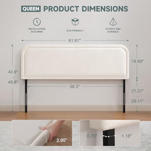Velvet Headboard Queen Size Only, Upholstered Headboard Queen, Fabric Headboards, Solid Wood Adjustable Modern Head Boards with Durable Metal Legs from 41” to 49” Height, White