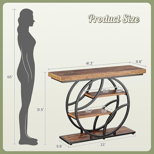 Huuger 41.3 Inch Entryway Table, Industrial Console Sofa Table with Storage, Accent Table with Shelves, for Entry, Hallway, Entrance, Foyer, O-Shaped Metal Frame, Rustic Brown