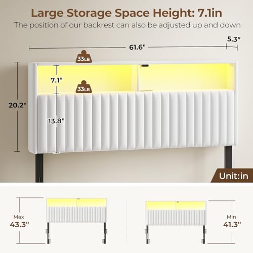 Rolanstar Headboard for Queen Size Bed with Storage, Head Board with USB & Type C Port, 60,000 DIY Color of LED Light, Velvet Upholstered, Height Adjustable, Sturdy, Easy Assembly, White
