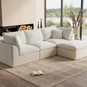110" Cloud Sectional Couches for Living Room, Convertible L-Shape Couch with Ottoman, 3 Seater Modular Sectional Sofa, Warm White