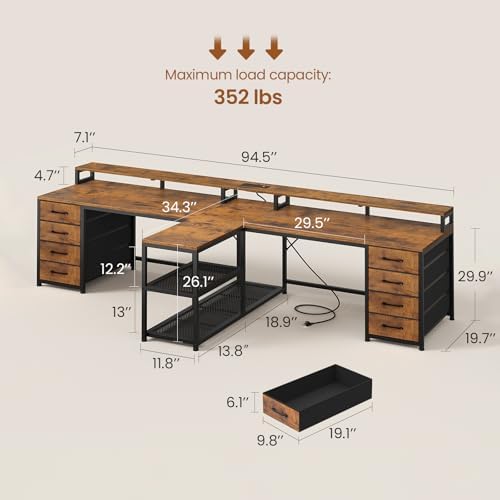 SEDETA 94.5" 2 Person Gaming Desk, Long Office Computer Desk with 8 Drawers & LED Lights, Two Person Desk with Storage, Power Strip & Monitor Stand for Home Office, Rustic Brown
