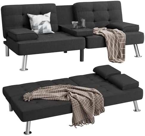Shahoo Modern Linen Upholstered Convertible Folding Futon Sofa Bed with Removable Armrests, Metal Legs, 2 Cup Holders for Living Room, Black