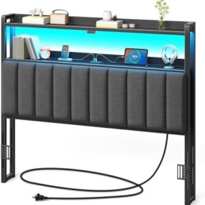 Rolanstar Headboard for Full Size Bed with Storage, 60,000 DIY Color of LED Light, Head Board with USB & Type C Port, Height Adjustable, Black Upholstered Cabeceras de Cama Comfortable Modern, Stable
