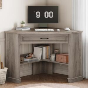 SEDETA 31.5" Small Corner Desk, Corner Desk for Small Space, Farmhouse Computer Desk with Drawers, Triangle Computer Desk with Storage Shelves for Home Office, Living Room, Bedroom, Gray