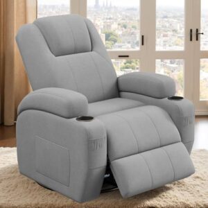 Flamaker Swivel Rocker Recliner Chair with Vibration Massage, 360° Swivel Recliner Chairs for Adults Ergonomic Lounge Chair with Cup Holders Lazy Boy Recliner Single Sofa Seat (Fabric, Gray)